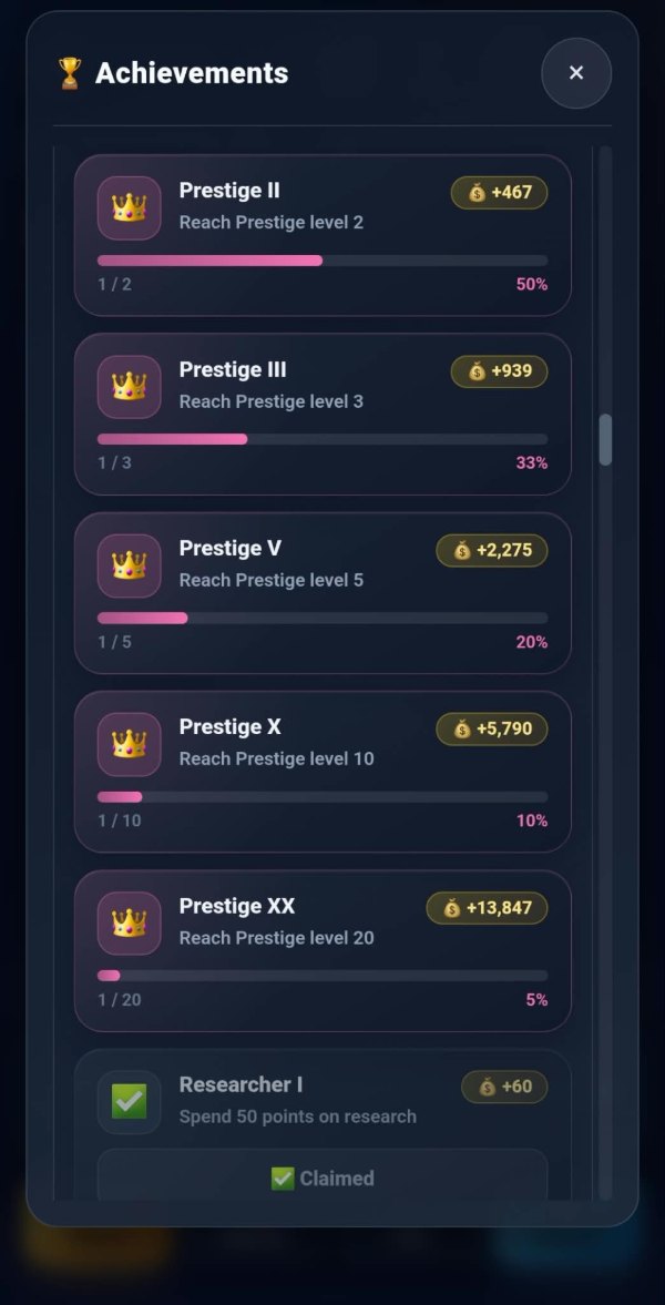The prestige ladder in the mid-game list: Prestige II paying 467 at one of two, Prestige III paying 939, Prestige V paying 2,275, Prestige X paying 5,790, and Prestige XX paying 13,847.