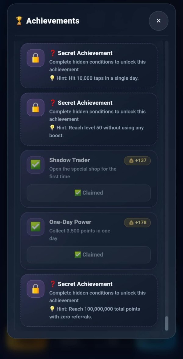 Three locked secret achievements with their hints — ten thousand taps in a single day, level fifty without a boost, a hundred million points with zero referrals — beside two claimed ones, Shadow Trader and One-Day Power.