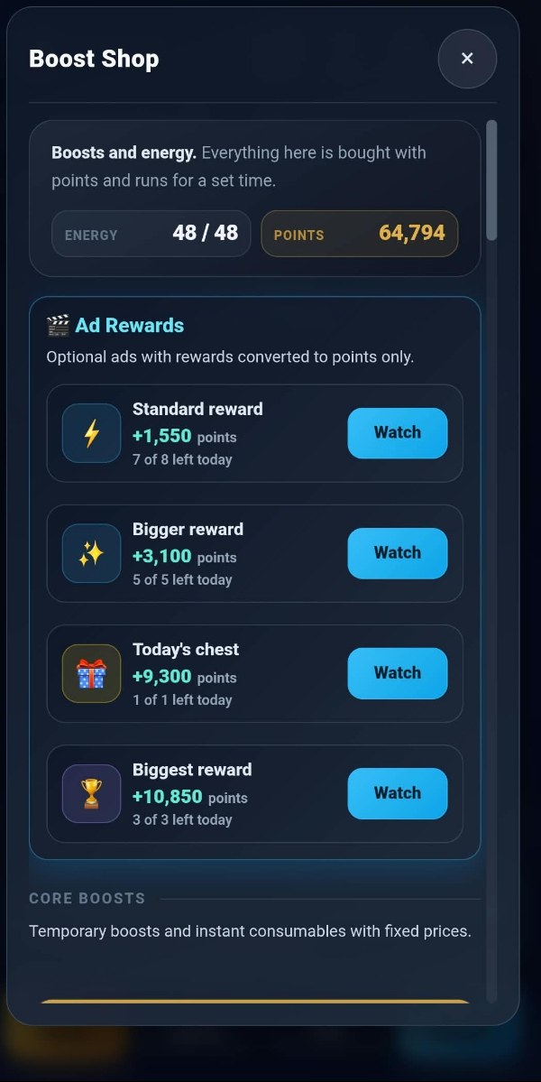 The top of the TAPCO boost shop: a header reading 48 of 48 energy and 64,794 points, then the four optional ad rewards paying 1,550, 3,100, 9,300 and 10,850 points, and below them the start of the core boosts.