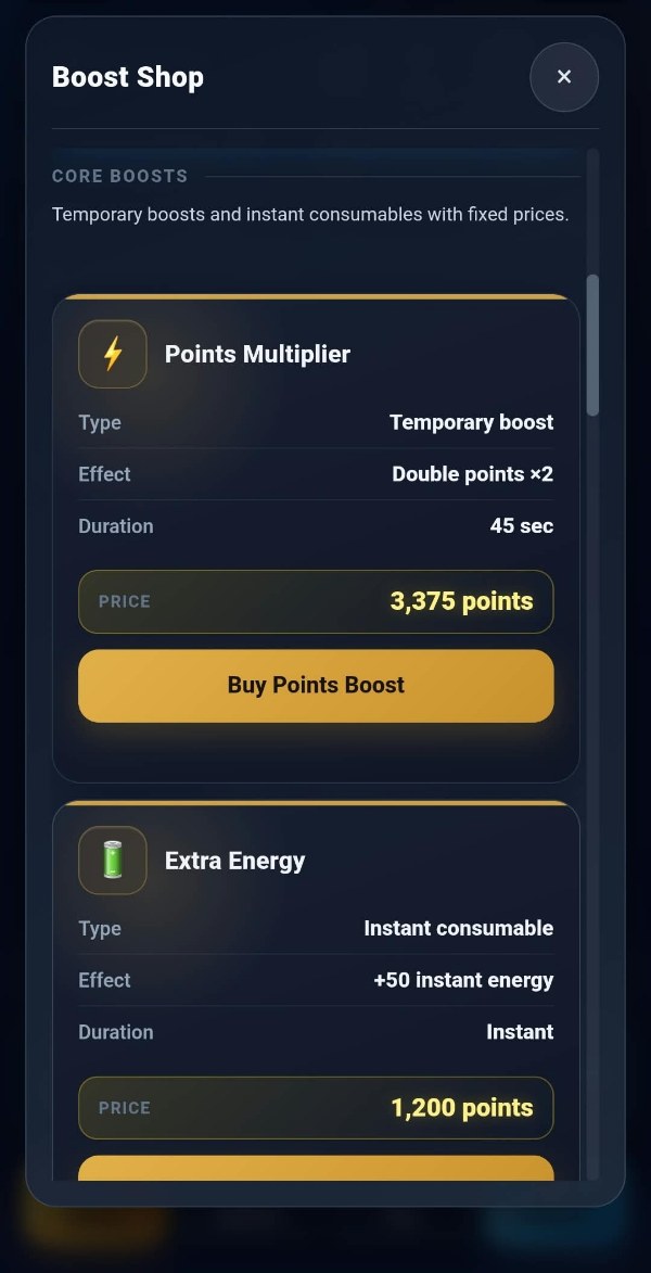 The TAPCO core boost shop: Points Multiplier as a temporary boost doubling points for 45 seconds at 3,375 points, and Extra Energy as an instant consumable giving +50 energy at 1,200 points.