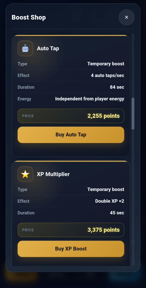 The Auto Tap card in the TAPCO shop: a temporary boost at 4 auto taps a second, lasting 84 seconds for this player and marked independent from player energy.