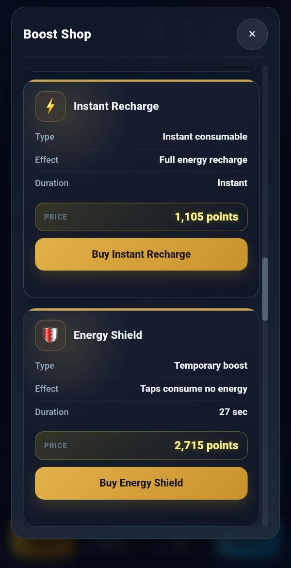 The Instant Recharge card in the TAPCO shop: an instant consumable giving a full energy recharge, at 1,105 points for this player.