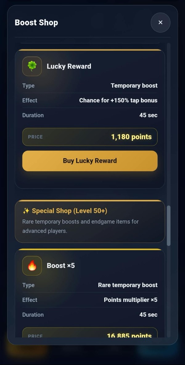 The Lucky Reward card in the TAPCO shop: a temporary boost giving a chance of a tap bonus, lasting 45 seconds for this player at 1,180 points.