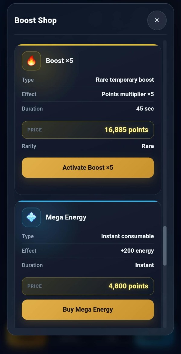 The Boost &times;5 card in the TAPCO special shop: a rare temporary boost with a points multiplier of five, lasting 45 seconds for this player at 16,885 points.
