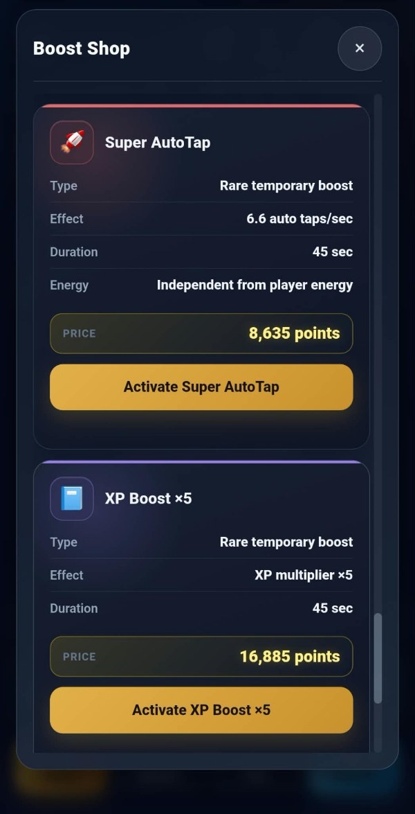 The TAPCO special shop: Super AutoTap as a rare temporary boost at 6.6 auto taps a second, independent from player energy, for 45 seconds at 8,635 points; and XP Boost &times;5 for 45 seconds at 16,885 points.