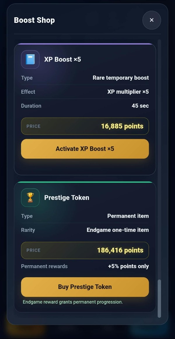 The XP Boost &times;5 card in the TAPCO special shop: a rare temporary boost with an experience multiplier of five, lasting 45 seconds for this player at 16,885 points.