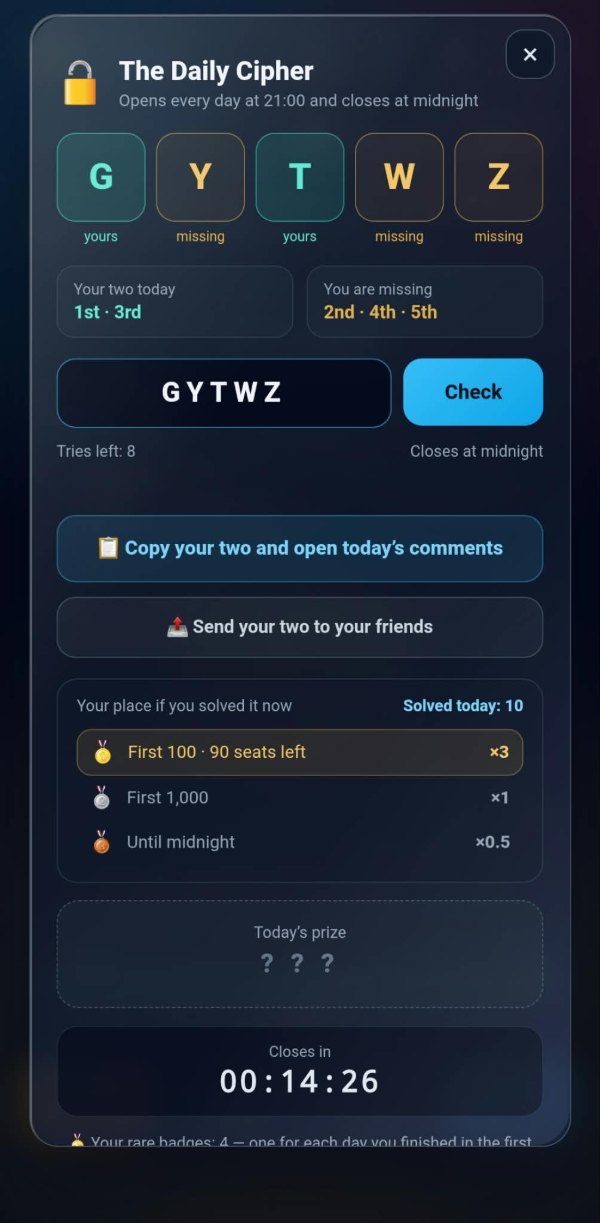 The panel with all five characters typed in and a Check button beside them, eight tries left, and two buttons underneath: copy your two and open today’s comments, and send your two to your friends.