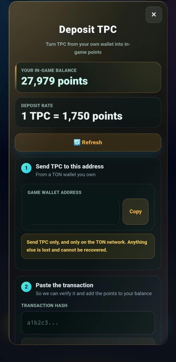 The deposit tab: an in-game balance of 27,979 points, a deposit rate of one TPC to 1,750 points, an address to send to with the address itself painted over, and a warning to send TPC only and only on the TON network.