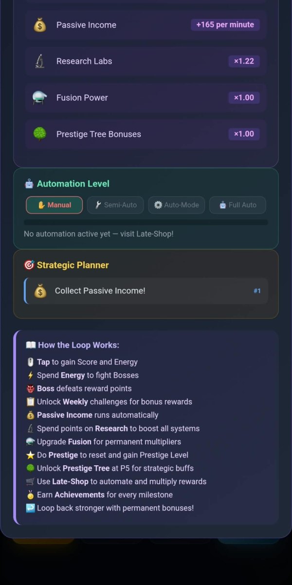 The dashboard scrolled down: an automation level with manual selected and a note that no automation is active yet, a strategic planner suggesting collecting passive income, and a twelve-line explanation of how the loop works.