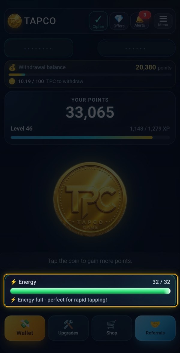 The TAPCO main screen with the energy strip lit and the rest dimmed: 32 of 32 energy on a full green bar, under the line "Energy full - perfect for rapid tapping". Above it the balance reads 33,065 points at level 46.