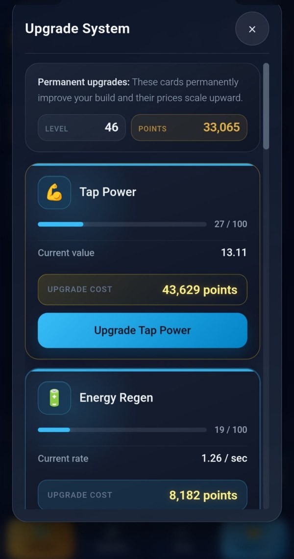 The top of the TAPCO upgrades panel: Tap Power at level 27 of 100 with a current value of 13.11 and a next level costing 43,629 points, and Energy Regen at level 19 of 100 with a current rate of 1.26 a second and a next level costing 8,182 points.