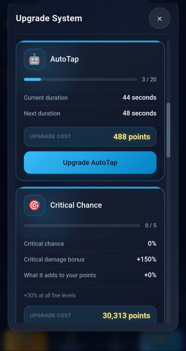 AutoTap at level 3 of 20, lasting 44 seconds now and 48 after the next level, costing 488 points; and Critical Chance at 0 of 5 with a chance of 0%, a critical damage bonus of +150%, the note that all five levels add +30%, and a first level costing 30,313 points for this player.
