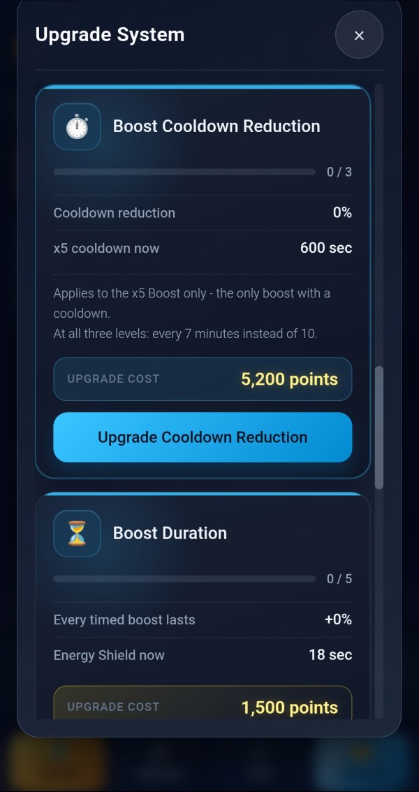 Boost Cooldown Reduction at 0 of 3 with the x5 cooldown at 600 seconds and a first level costing 5,200 points, stating that it applies to the x5 Boost only and reaches every 7 minutes instead of 10; and Boost Duration at 0 of 5 with the Energy Shield at 18 seconds and a first level costing 1,500 points.