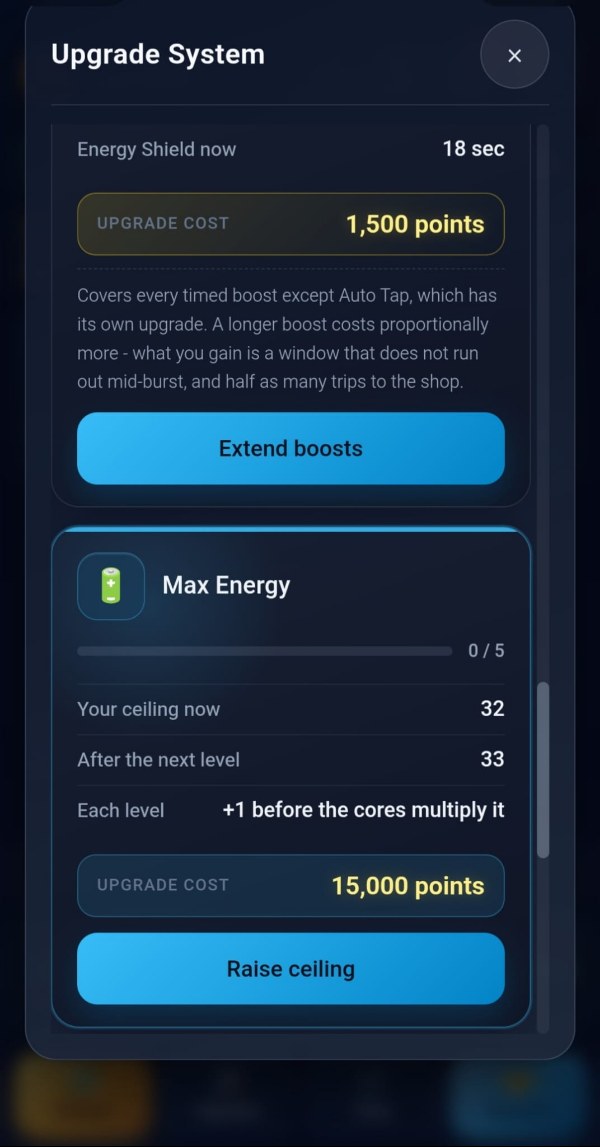 The lower half of the Boost Duration card and, under it, Max Energy at 0 of 5: the ceiling reads 32 now and 33 after the next level, each level is described as +1 before the cores multiply it, and the first level costs 15,000 points.