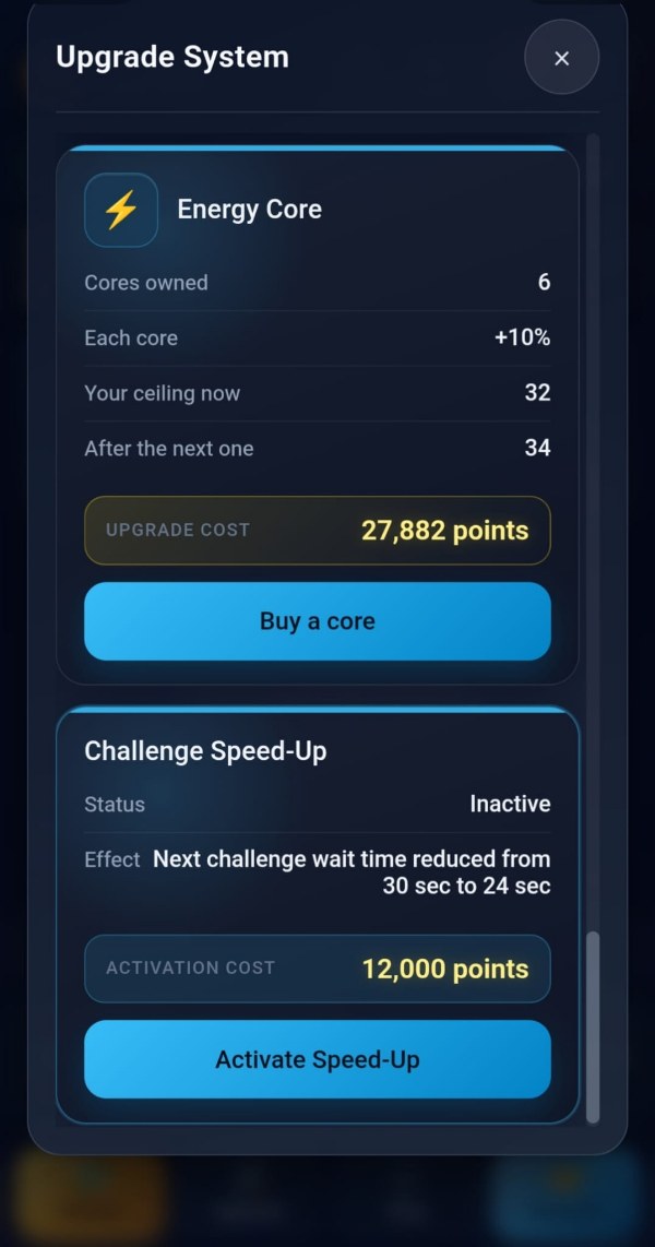 Energy Core with 6 cores owned, each adding +10%, a ceiling of 32 now and 34 after the next one, and a next core costing 27,882 points; and Challenge Speed-Up showing Inactive, its effect reading "next challenge wait time reduced from 30 sec to 24 sec" on two lines, and an activation cost of 12,000 points.