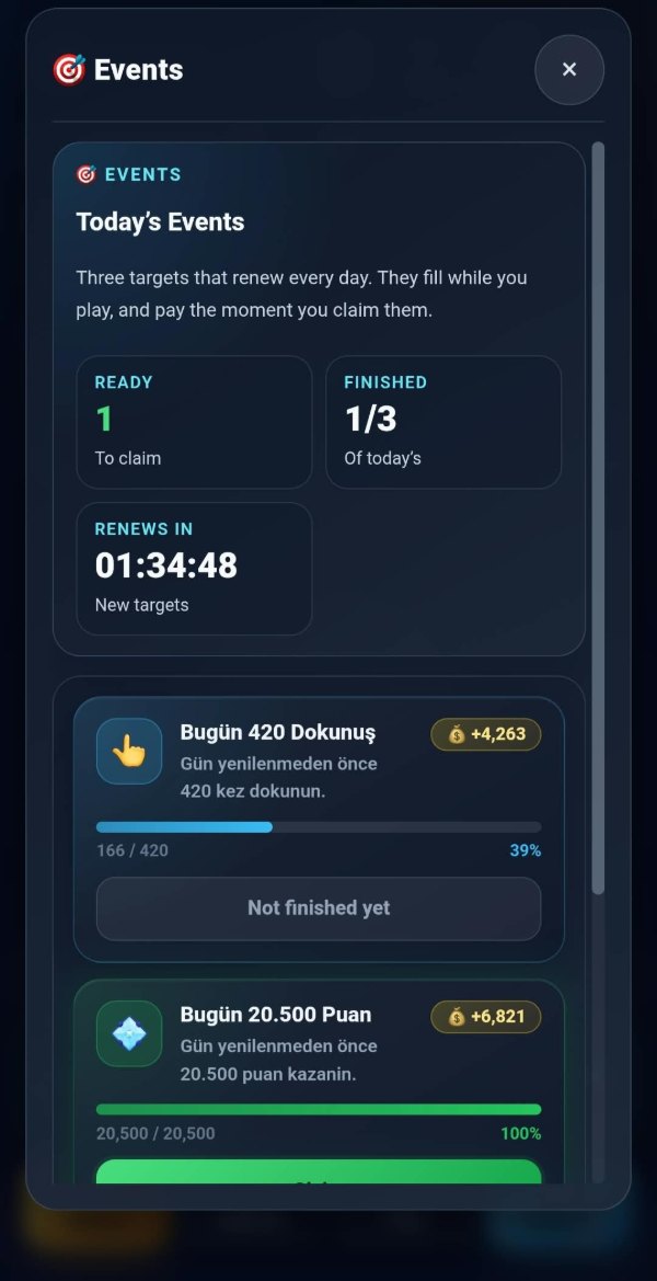 The events panel at the top: "Today’s Events", one ready to claim, one of three finished, and a countdown of one hour thirty-four minutes to new targets.