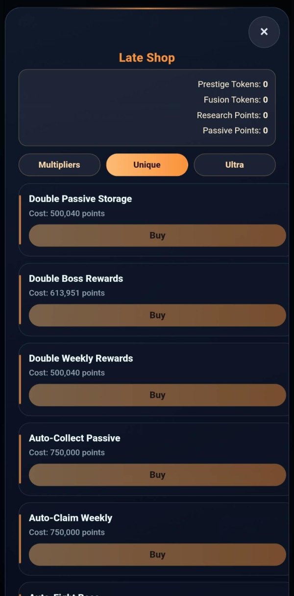 The unique shelf: Double Passive Storage at 500,040, Double Boss Rewards at 613,951, Double Weekly Rewards at 500,040, Auto-Collect Passive at 750,000 and Auto-Claim Weekly at 750,000.