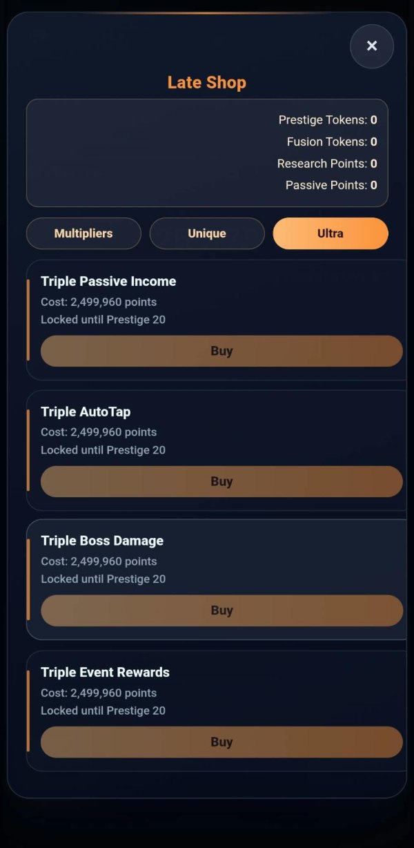 The ultra shelf: Triple Passive Income, Triple AutoTap, Triple Boss Damage and Triple Event Rewards, each costing 2,499,960 points and each marked locked until prestige 20.