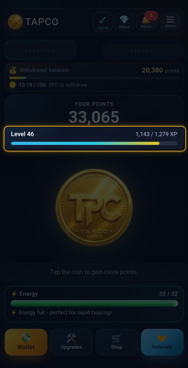 The TAPCO main screen with the level row lit and the rest dimmed: "Level 46" on the left, "1,143 / 1,279 XP" on the right, and a part-filled bar beneath them.