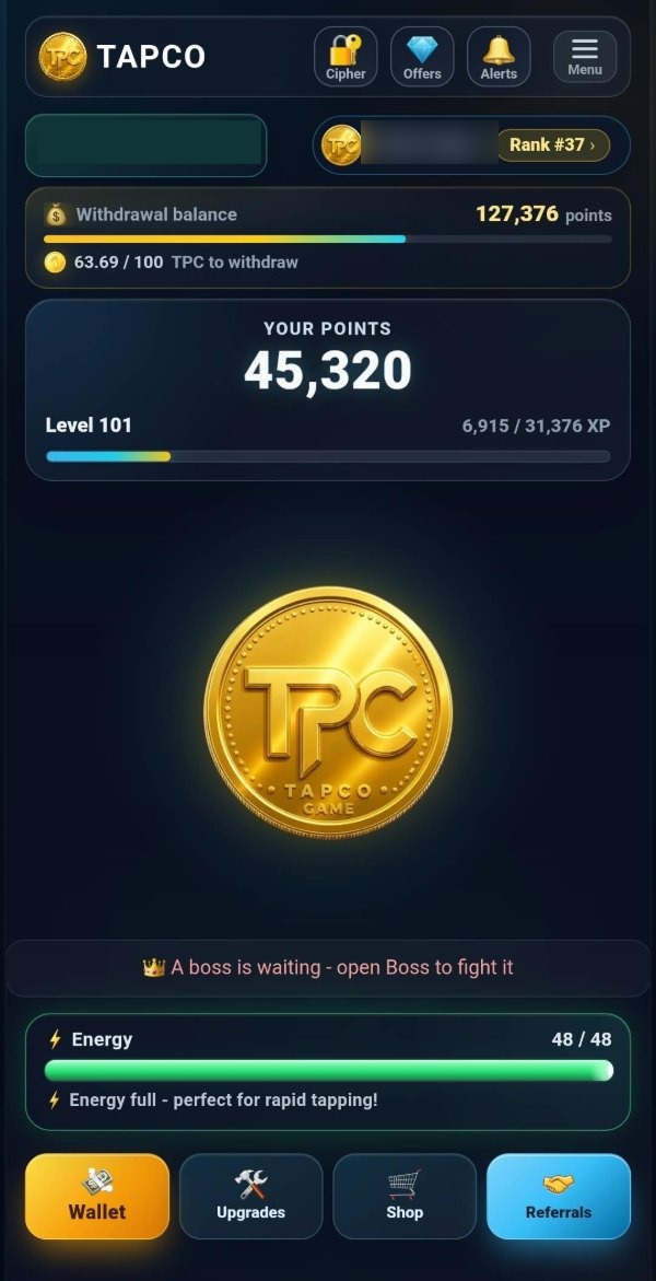 The TAPCO main screen: the TPC coin in the middle, 45,320 points at level 101, a withdrawal balance of 127,376 points, energy at 48 of 48, and a line saying a boss is waiting