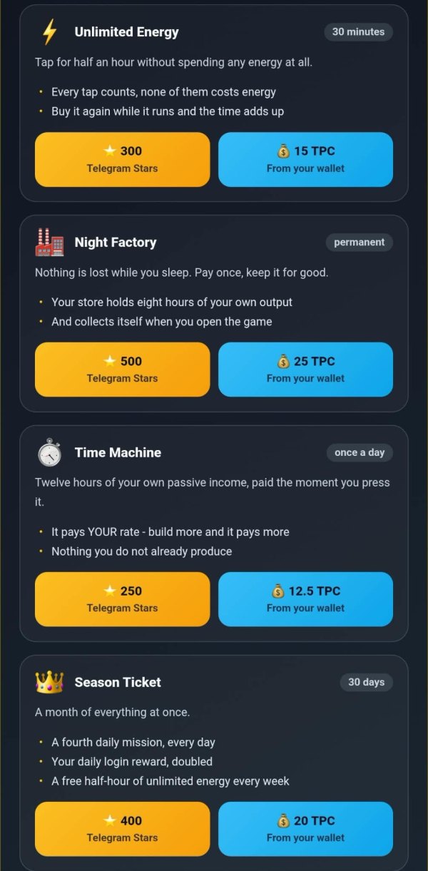 The offers panel scrolled to the fourth card: Season Ticket for thirty days, listing a fourth daily mission every day, a doubled daily login reward and a free half hour of unlimited energy every week, at 400 Stars or 20 TPC.