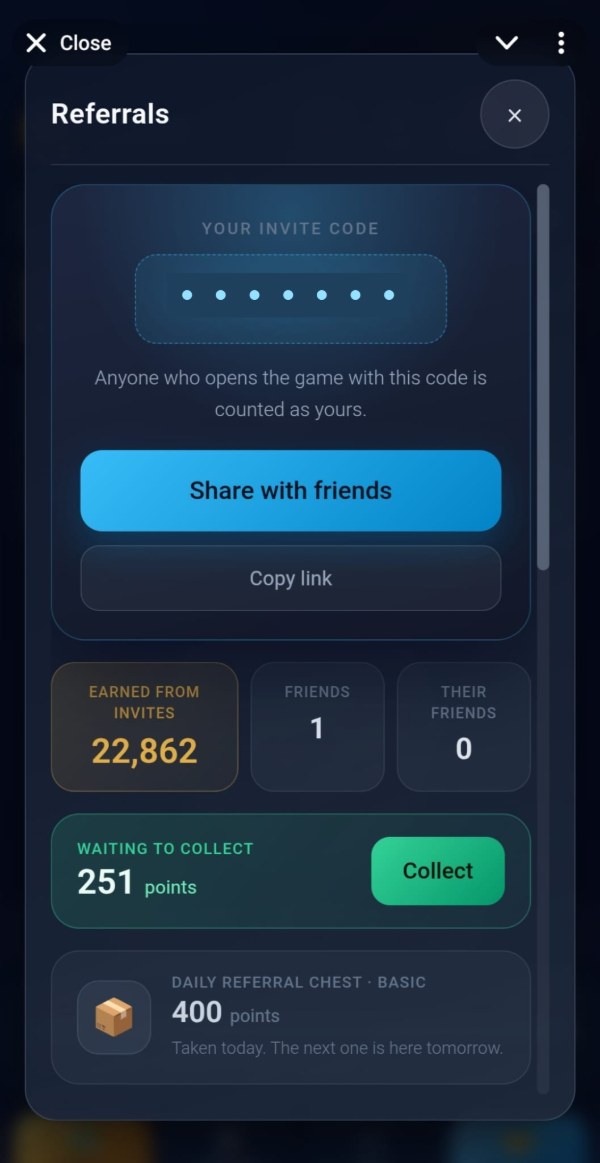 The TAPCO referrals screen: the invite code panel with its share and copy buttons, the totals for invite earnings and friends, the commission waiting to be collected, and the daily referral chest at its basic tier of 400 points.