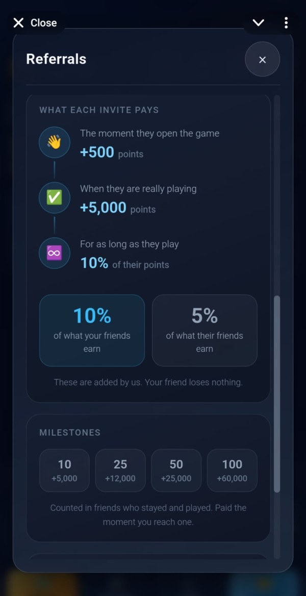 The TAPCO referrals screen showing what each invite pays: 500 points the moment the friend opens the game, 5,000 points when they are really playing, 10% of their points for as long as they play, 5% of what their friends earn, and the four milestones at 10, 25, 50 and 100 friends.