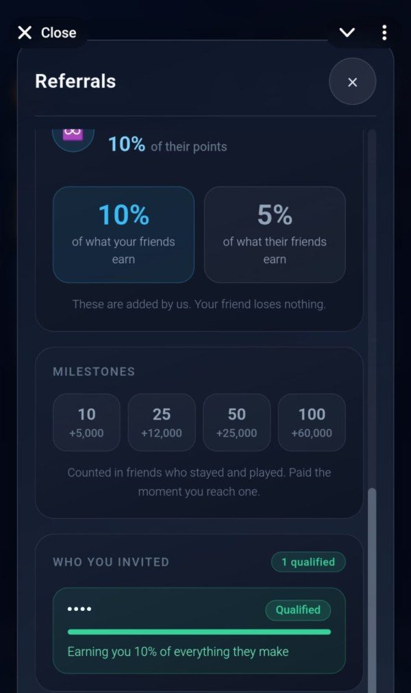The invited-friends panel of the TAPCO referrals screen, showing one qualified friend with a full progress bar and the line: earning you 10% of everything they make.