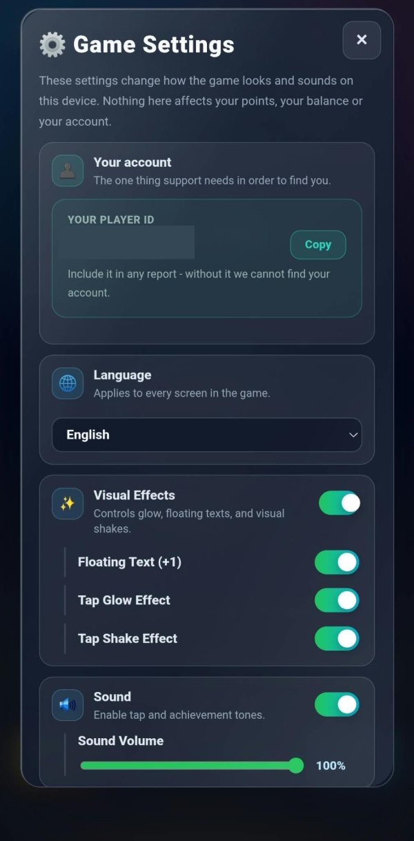 The settings panel: a note that these settings change how the game looks and sounds on this device, a player id box with a copy button and the id itself painted over, a language selector reading English, visual effects with three sub-toggles for floating text, tap glow and tap shake, and sound with a volume slider at a hundred per cent.