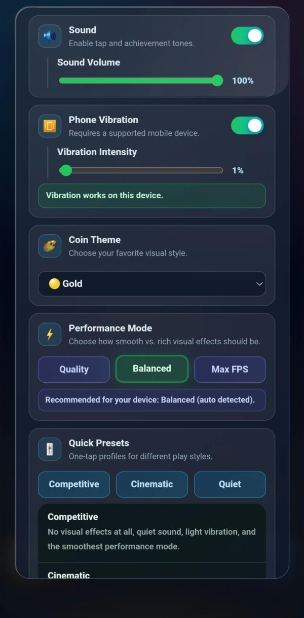 The settings panel scrolled down: sound at a hundred per cent, phone vibration with an intensity of one per cent and a line saying vibration works on this device, a coin theme set to Gold, a performance mode of Quality, Balanced or Max FPS with Balanced recommended and auto detected, and three quick presets named Competitive, Cinematic and Quiet.