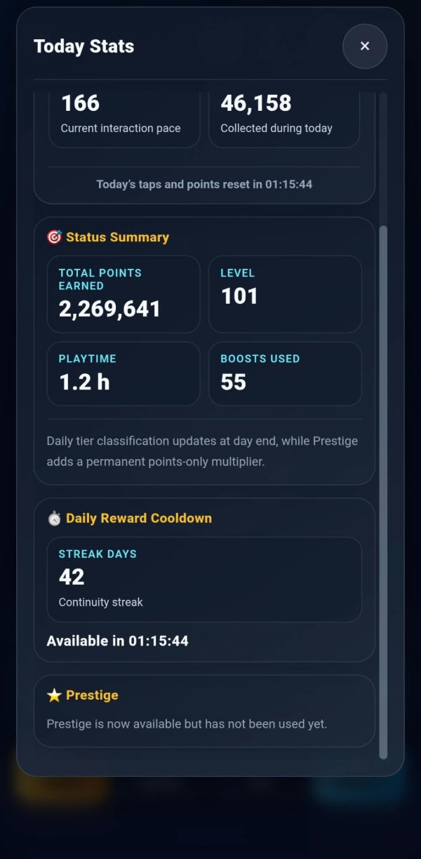 The panel scrolled down: the status summary again, then the daily reward cooldown with a streak of 42 days and a note that it is available in one hour fifteen, then a prestige card reading that prestige is now available but has not been used yet.