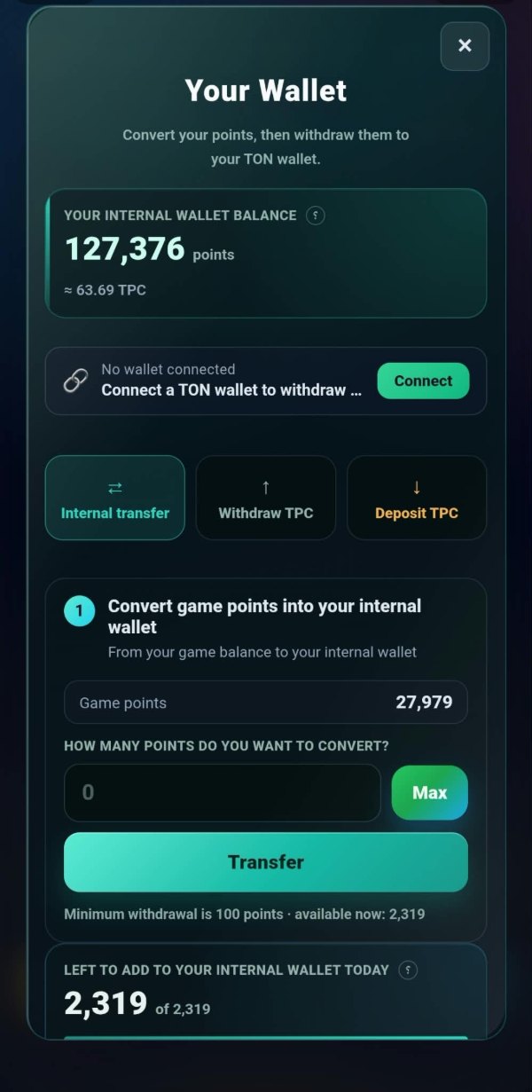 The wallet panel: an internal balance of 127,376 points shown as about 63.69 TPC, a prompt to connect a TON wallet, three tabs for internal transfer, withdraw TPC and deposit TPC, and a first step converting game points with 27,979 available.
