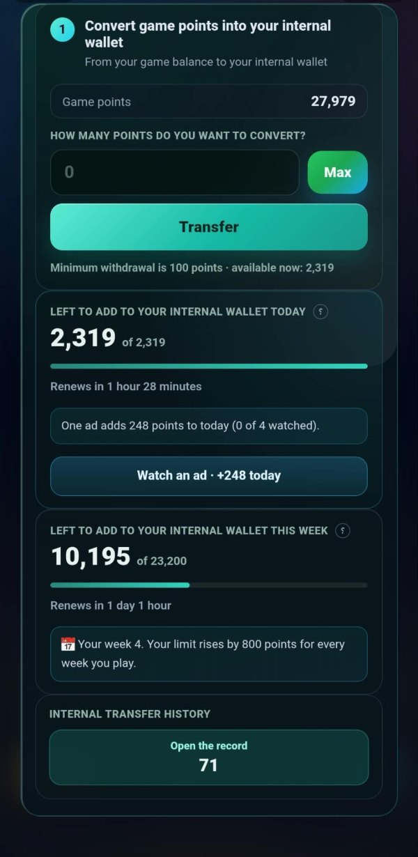 The allowance section: 2,319 of 2,319 left to add today, renewing in one hour twenty-eight, a note that one advertisement adds 248 points with none of four watched, and 10,195 of 23,200 left this week with a line saying this is your week four and the limit rises by 800 points for every week you play.