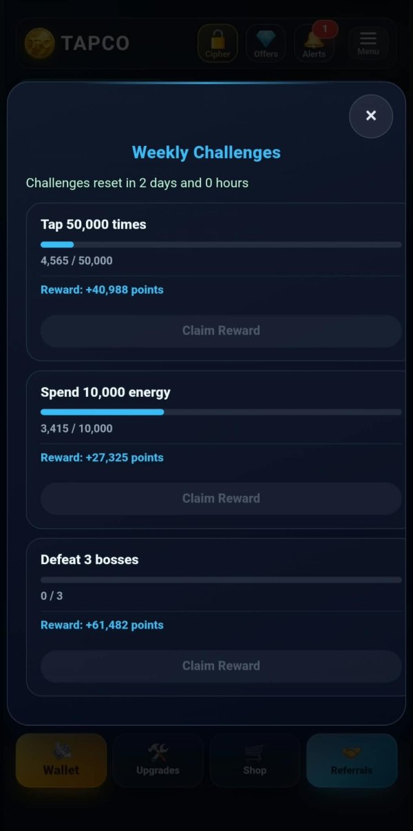 The weekly challenges panel: challenges reset in two days, tap fifty thousand times at 4,565 paying 40,988, spend ten thousand energy at 3,415 paying 27,325, and defeat three bosses at zero paying 61,482.