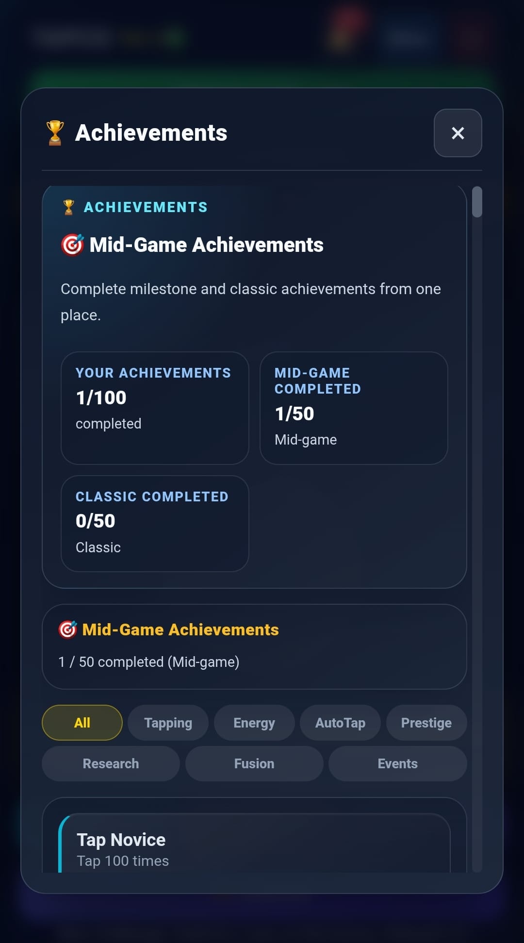 TAPCO Achievements screen showing 100 collectible achievements