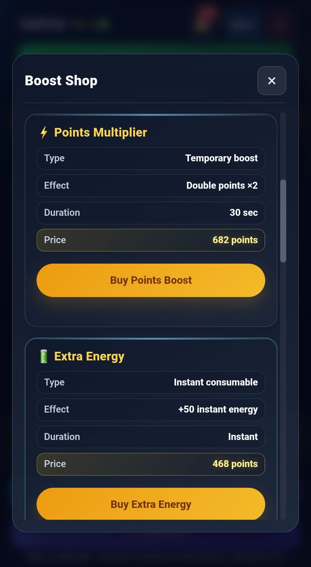 TAPCO Boost Shop with Points Multiplier and Extra Energy items