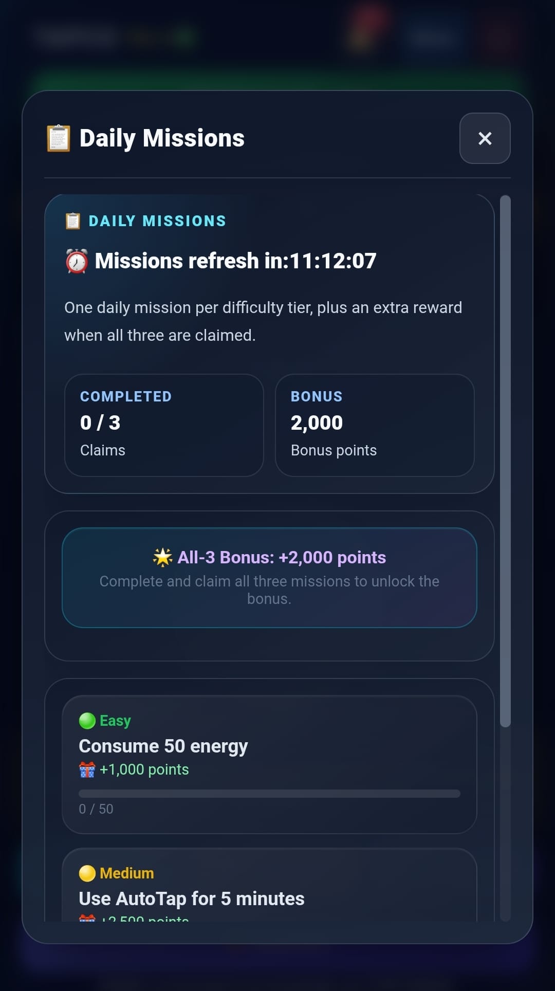 TAPCO Daily Missions with three difficulty tiers