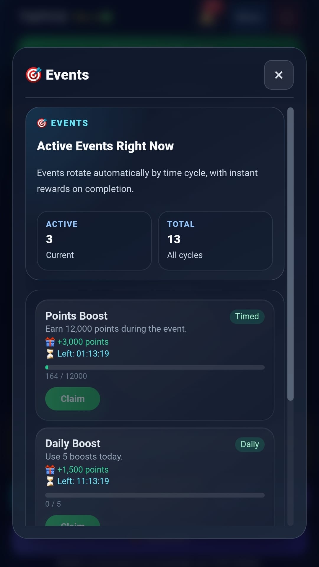 TAPCO Events and rewards screen