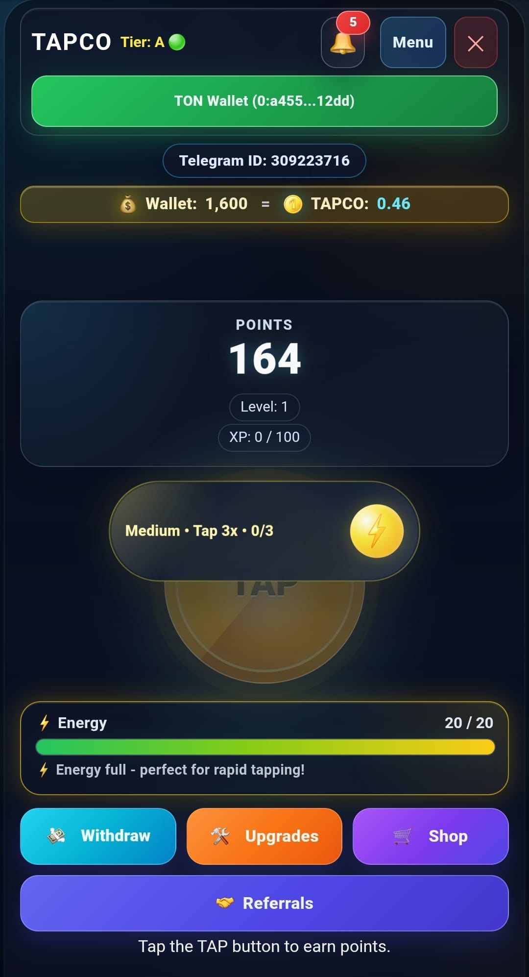 TAPCO GAME main screen — tap to earn, energy bar, and wallet