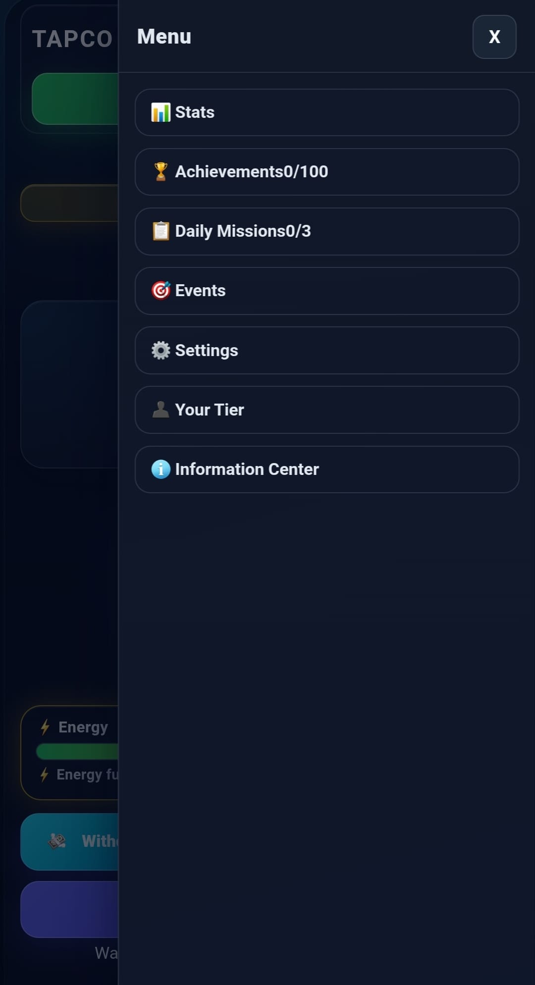 TAPCO main menu showing all navigation options