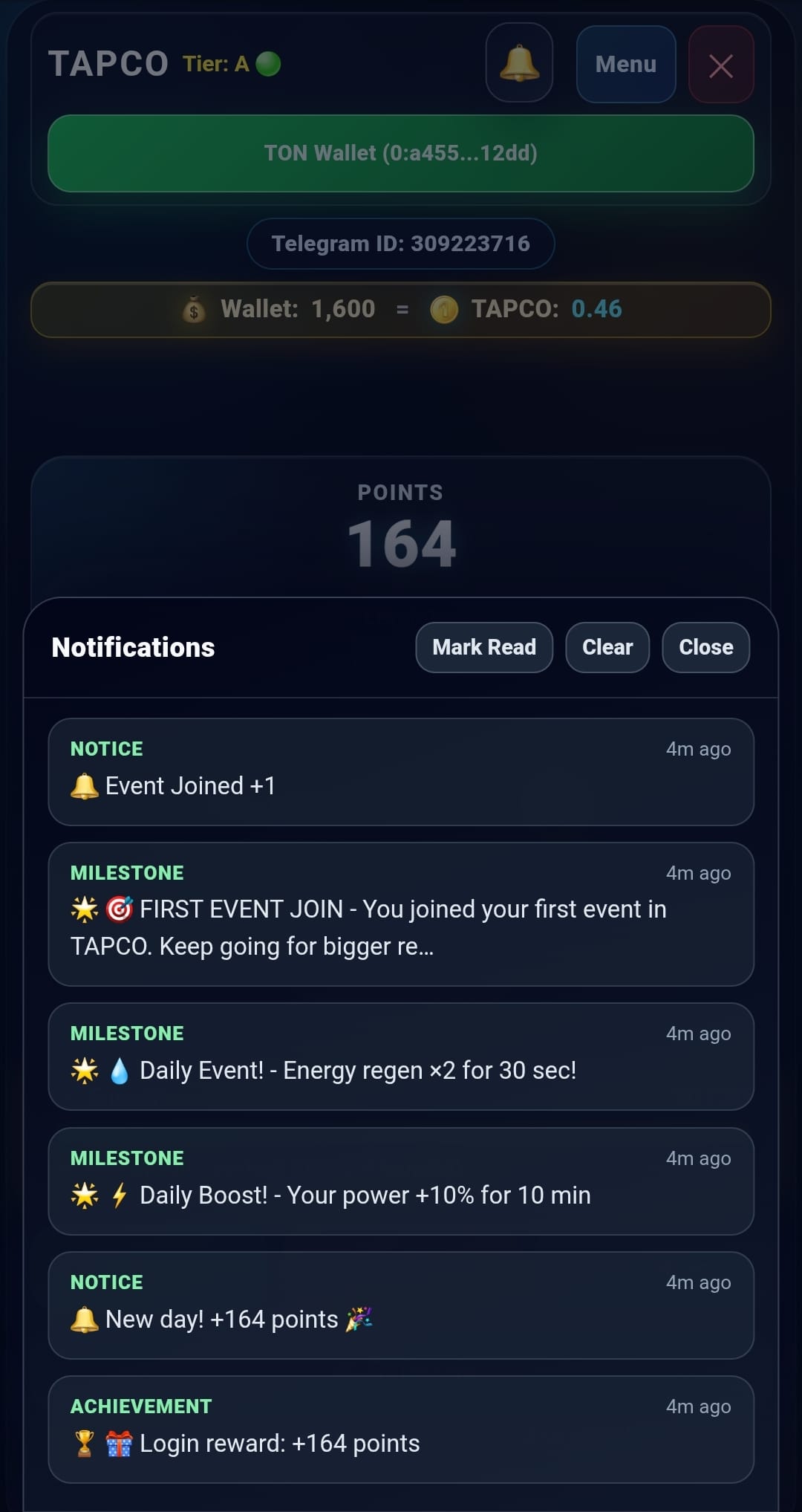 TAPCO Notifications panel showing milestones and system notices