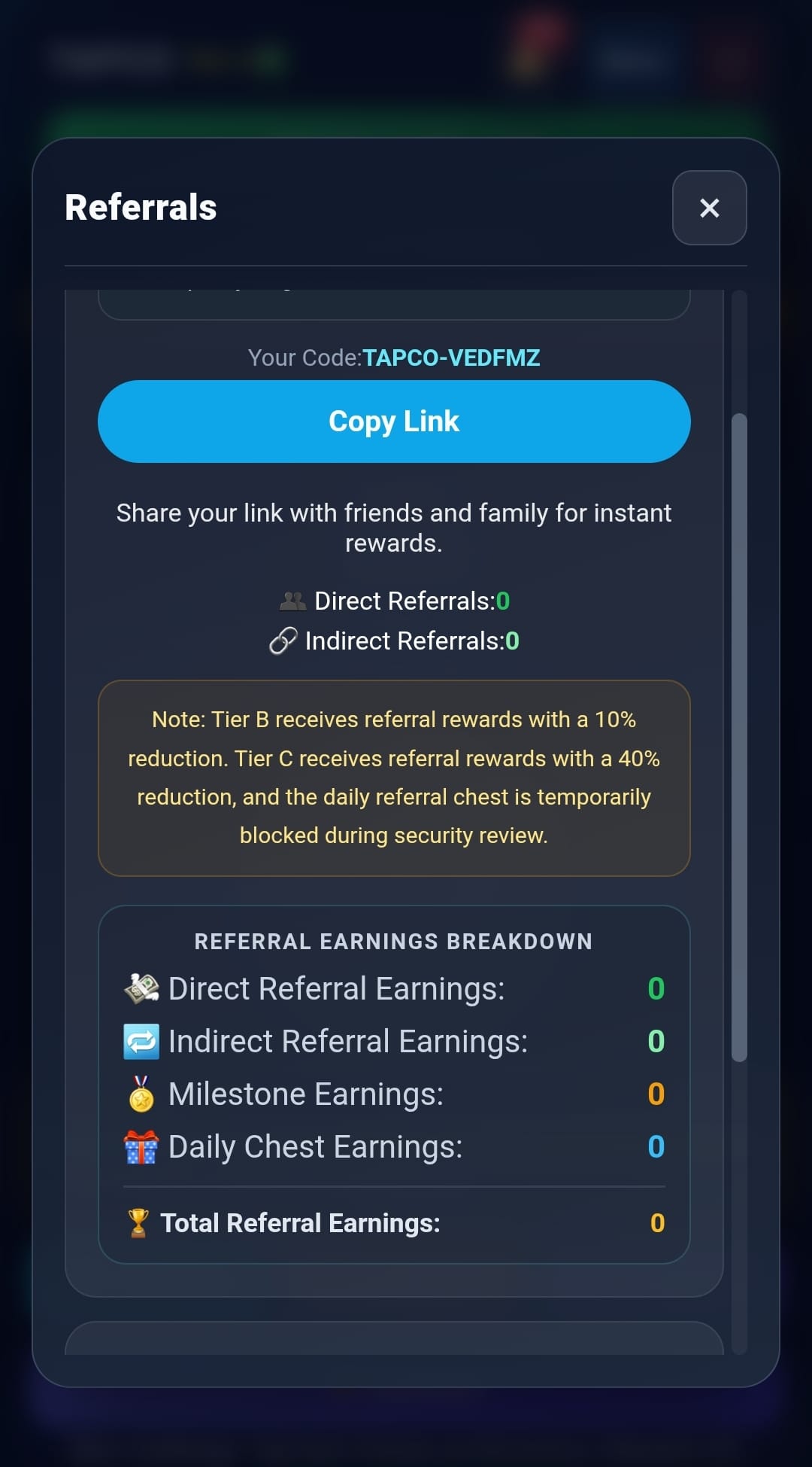 TAPCO Referrals system showing personal code and earnings breakdown