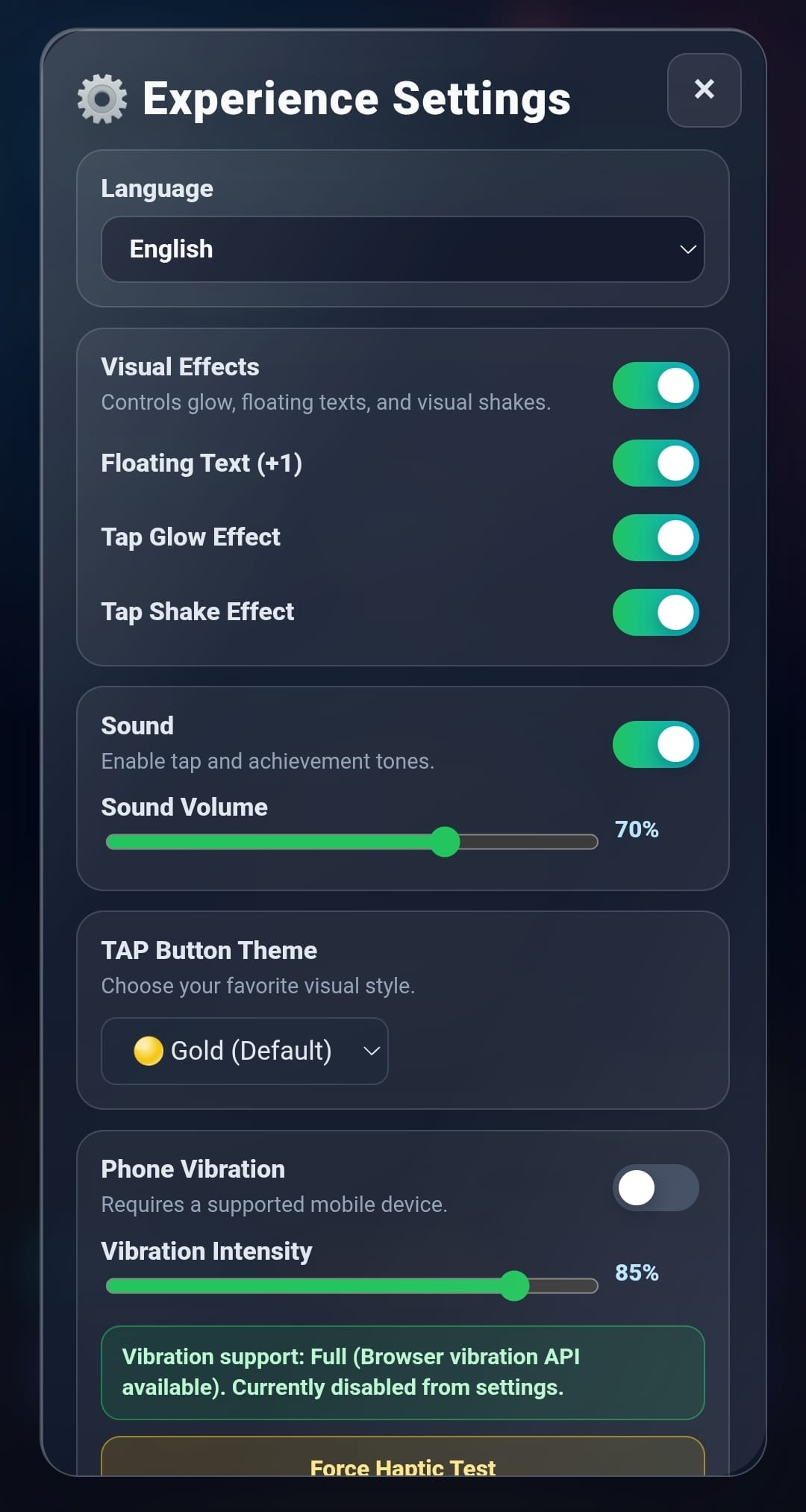 TAPCO Experience Settings - language, visual effects, sound, theme, vibration
