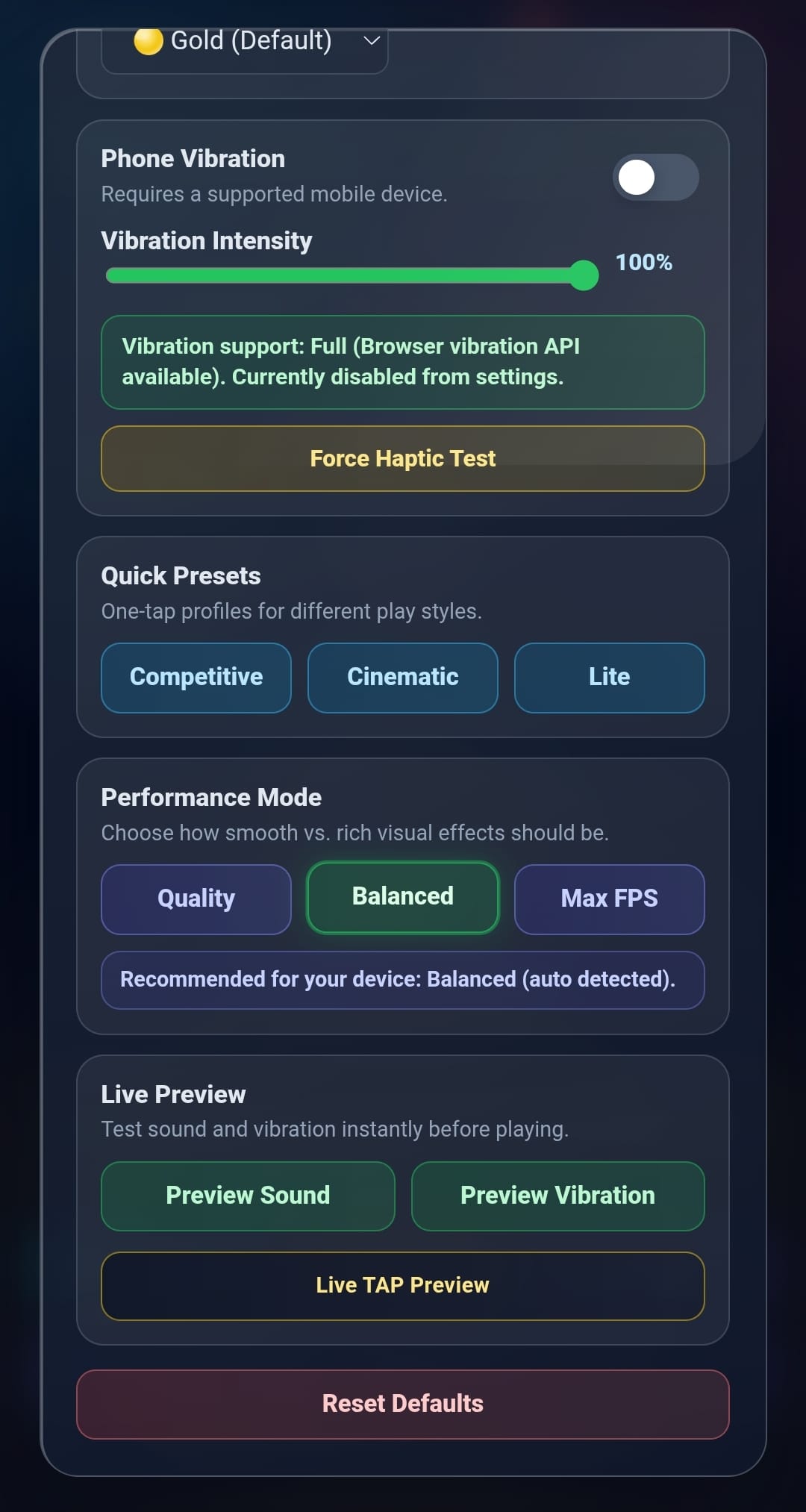 TAPCO Experience Settings - presets, performance mode, live preview, reset